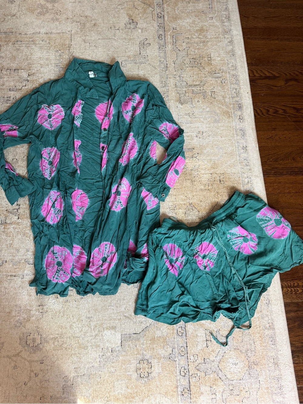 Women's Green Swim Coverup Set with Pink Shell Prints